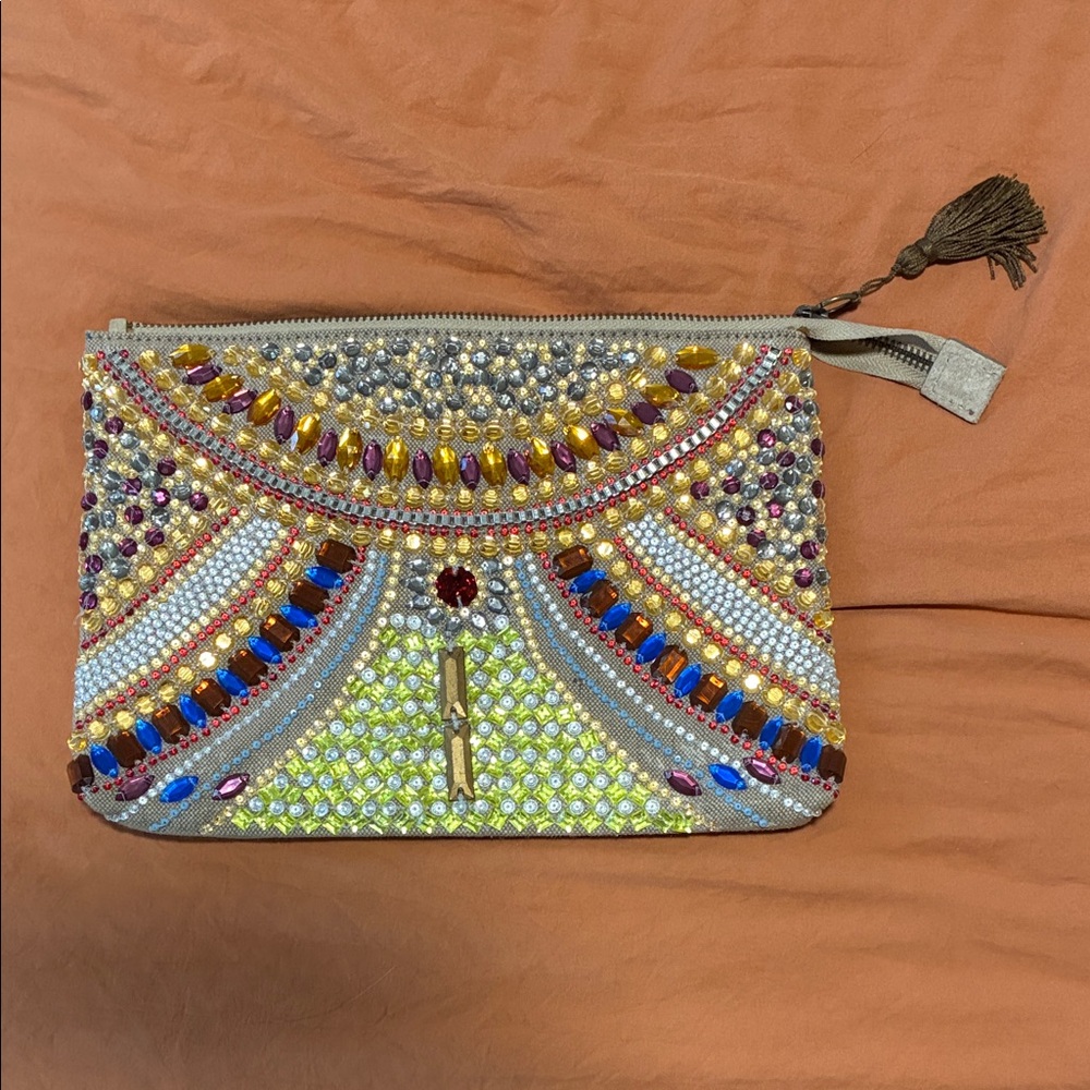NWOT Beaded Multicolor Embellished Clutch with Tassel Zip